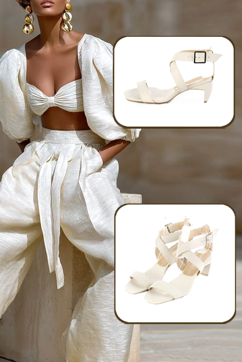 Women's off white elegant fully open cross straps sandals. Square toe. Medium comma heels - Top view